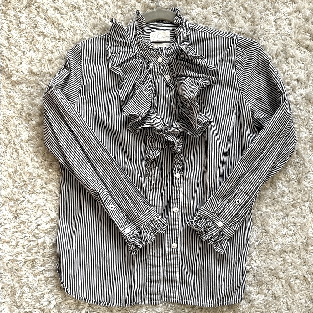 J.Crew Black and White Striped Ruffle Blouse